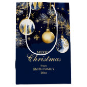 メリークリスマスの挨拶金ゴールドネイビーブルーボーブル ミディアムペーパーバッグ (正面)