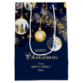 メリークリスマスの挨拶金ゴールドネイビーブルーボーブル ミディアムペーパーバッグ (裏面)