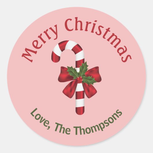 メリークリスマスの文字が入った赤と白のキャンディケイン ラウンドシール (正面)