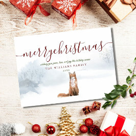 メリークリスマスの文字フォント　冬の狐のホリデーカード シーズンカード