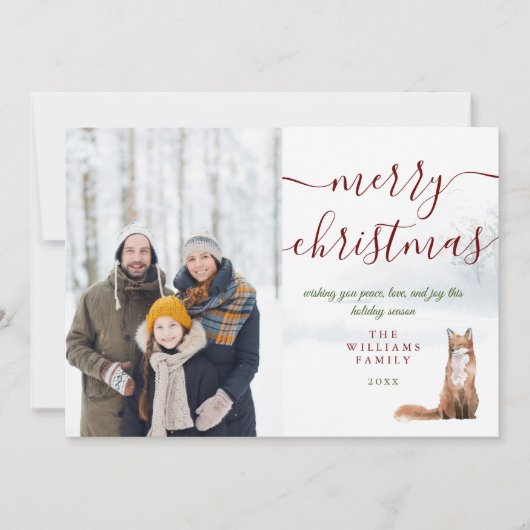 メリークリスマスの文字入り 冬の狐の写真 シーズンカード (正面)