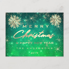 メリークリスマスの明けましておめでとうの雪の金ゴールドの空の緑 ポストカード