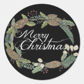 メリークリスマスの松のコーンと緑のシール ラウンドシール (正面)