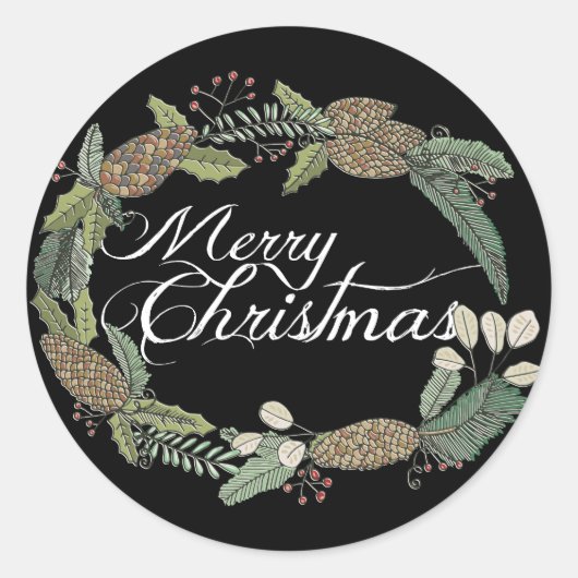 メリークリスマスの松のコーンと緑のシール ラウンドシール (正面)