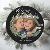 メリークリスマスの松のコーンと緑のフォトカード シーズンカード