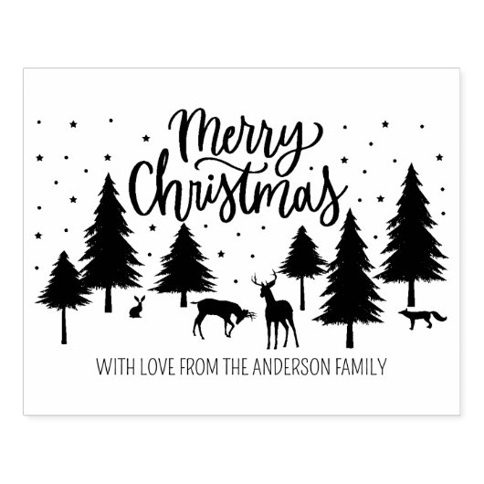 メリークリスマスの森の動物と鹿と木 ラバースタンプ (インプリント)