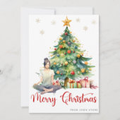 メリークリスマスの水の色の木とヨガガガール シーズンカード (正面)