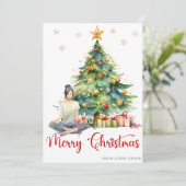 メリークリスマスの水の色の木とヨガガガール シーズンカード (スタンド正面)