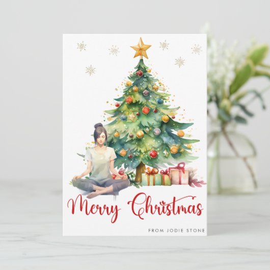 メリークリスマスの水の色の木とヨガガガール シーズンカード (スタンド正面)