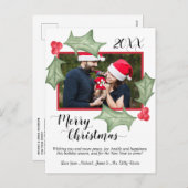 メリークリスマスの水の色ホリー葉の写真付き シーズンポストカード (正面/裏面)