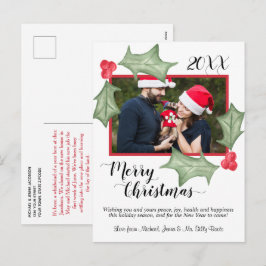 メリークリスマスの水の色ホリー葉の写真付き シーズンポストカード