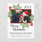 メリークリスマスの水の色ホリー葉の写真付き シーズンポストカード (正面)