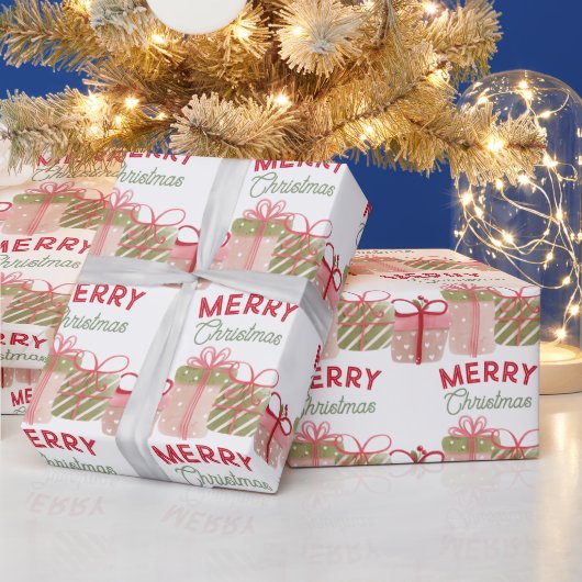 メリークリスマスの水彩ギフトとリボン ラッピングペーパー (クリスマス)
