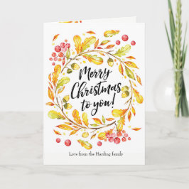 メリークリスマスの水彩画のリースのクリスマスカード シーズンカード
