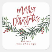 メリークリスマスの水彩画の脚本 スクエアシール (正面)