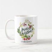メリークリスマスの水彩画の花柄の休日 コーヒーマグカップ (左)