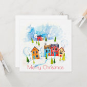 メリークリスマスの水彩雪の郷 カード (正面/裏面インサイチュ)