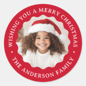 メリークリスマスの波赤縁どい写真 ラウンドシール (正面)