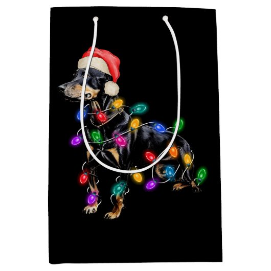 メリークリスマスの犬が光のもつれて ミディアムペーパーバッグ (正面)