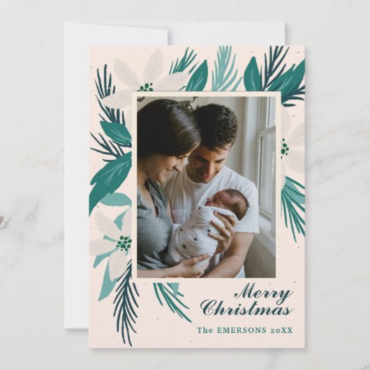 メリークリスマスの白いポインセチア写真 カード (正面)