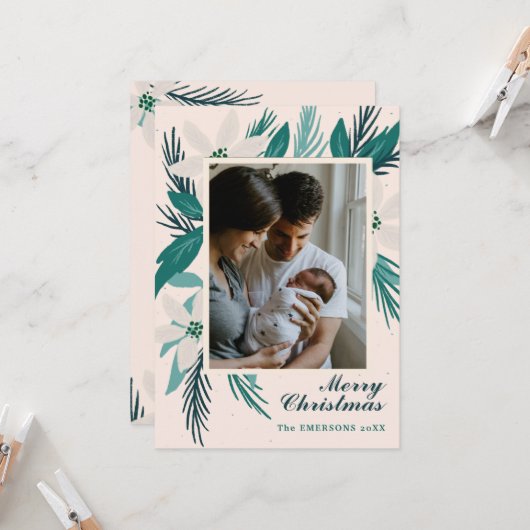 メリークリスマスの白いポインセチア写真 カード (正面/裏面インサイチュ)