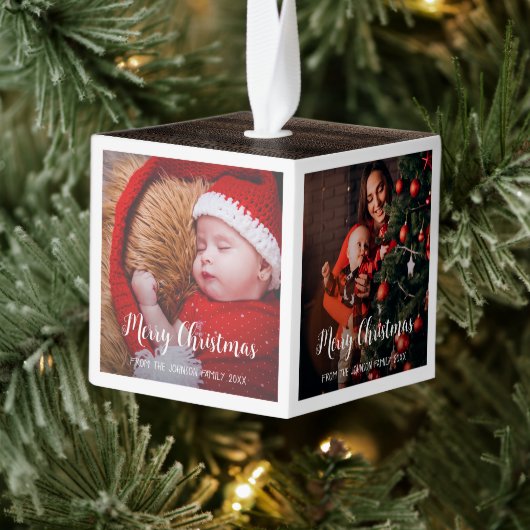 メリークリスマスの白い枠が手書きモダン キューブオーナメント (ツリー)