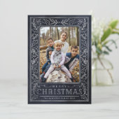 メリークリスマスの白い葉の青と写真 シーズンカード (スタンド正面)