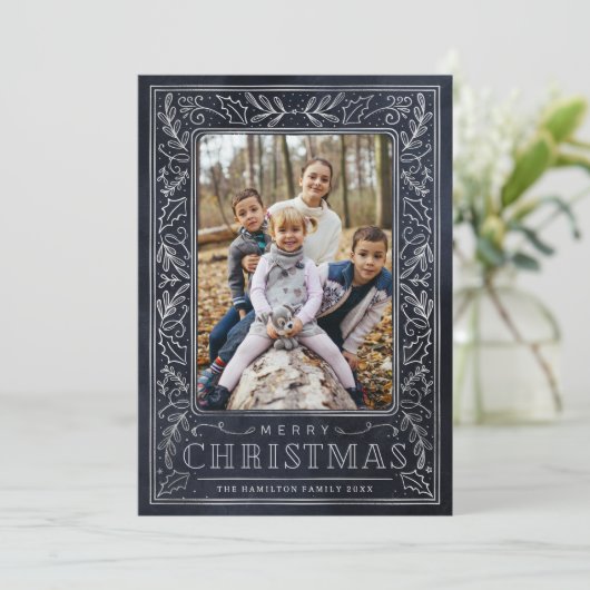 メリークリスマスの白い葉の青と写真 シーズンカード (スタンド正面)