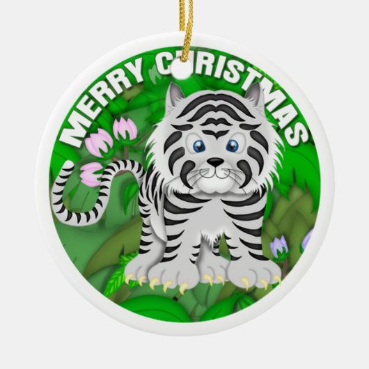メリークリスマスの白のトラ セラミックオーナメント (正面)