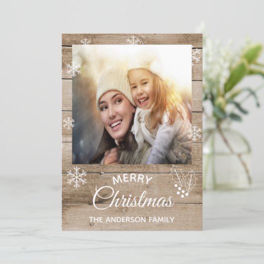 メリークリスマスの素朴な茶色の木の写真カード シーズンカード (スタンド正面)