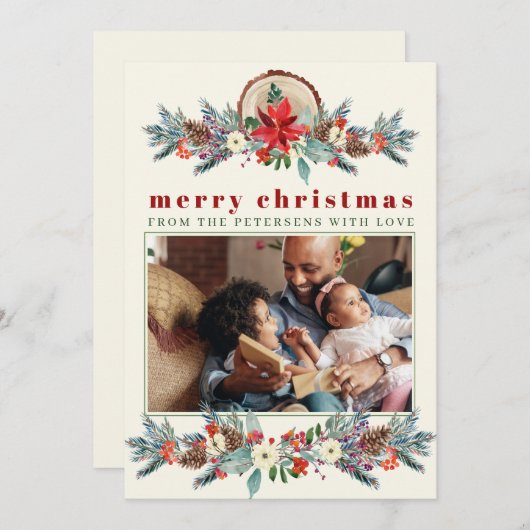 メリークリスマスの素朴な赤いフローラの家族の写真 シーズンカード (正面/裏面)