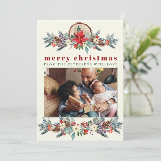 メリークリスマスの素朴な赤いフローラの家族の写真 シーズンカード (スタンド正面)