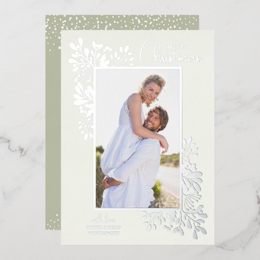 メリークリスマスの緑のシルバー 箔シーズンカード (正面/裏面)
