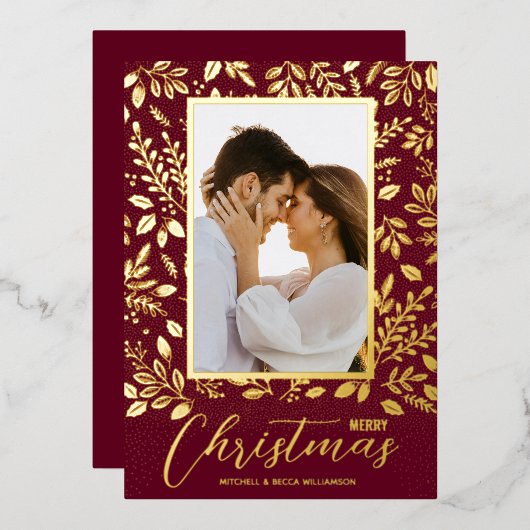 メリークリスマスの緑の写真 箔シーズンカード (正面/裏面)