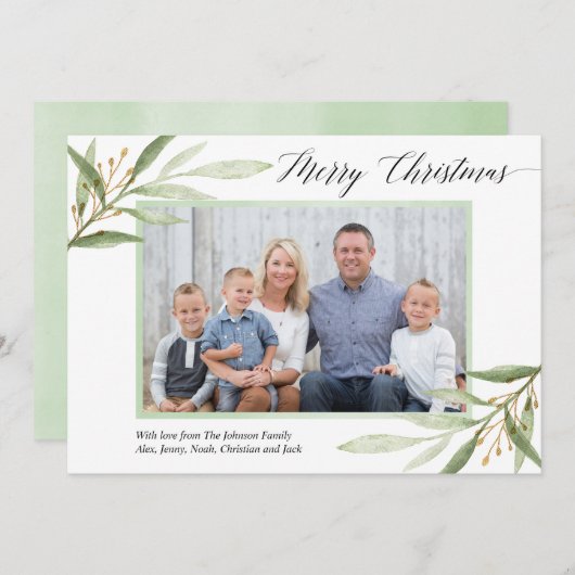 メリークリスマスの緑の金ゴールドモダンのフォトカード (正面/裏面)