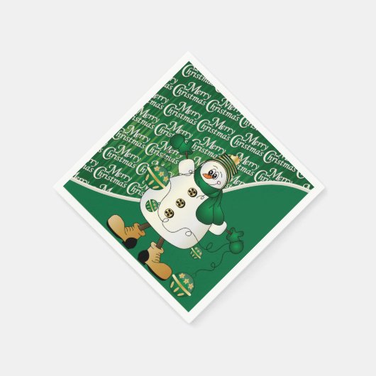 メリークリスマスの緑の雪だるま スタンダードカクテルナプキン (角)