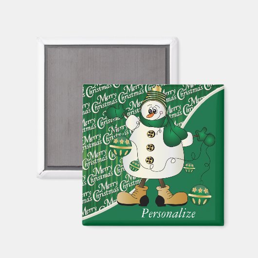 メリークリスマスの緑の雪だるま マグネット (正面/裏面)