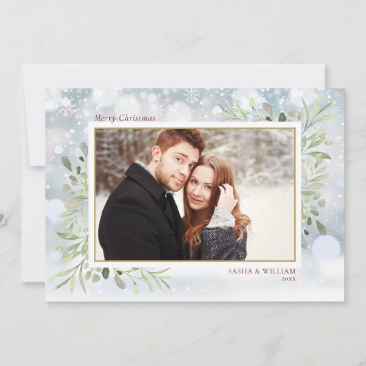 メリークリスマスの緑の雪片の写真 シーズンカード (正面)