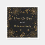 メリークリスマスの花と星 | 黒金ゴールド スタンダードカクテルナプキン (正面)