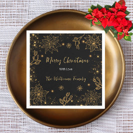 メリークリスマスの花と星 | 黒金ゴールド スタンダードカクテルナプキン