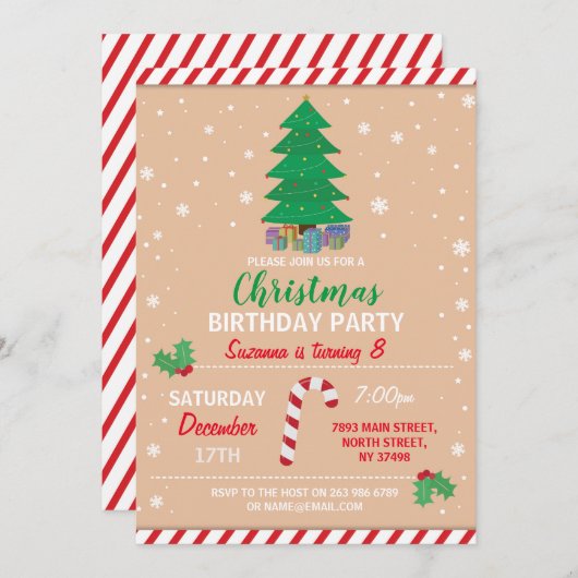 メリークリスマスの誕生会のクリスマスの木キャンデー 招待状 (正面/裏面)