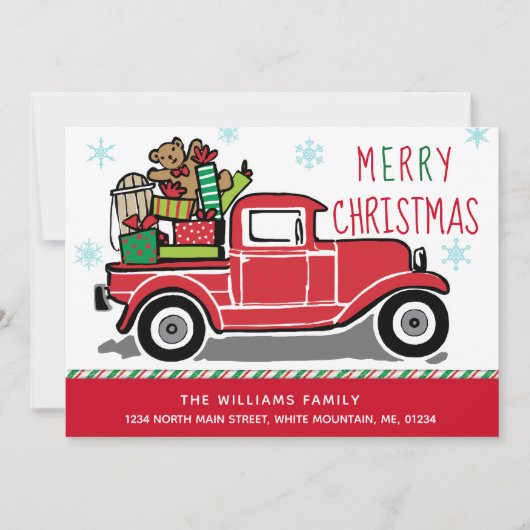 メリークリスマスの赤いヴィンテージのトラックの休日移動 案内状 (正面)