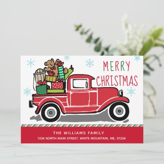 メリークリスマスの赤いヴィンテージのトラックの休日移動 案内状 (スタンド正面)