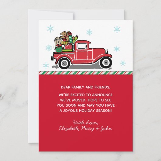 メリークリスマスの赤いヴィンテージのトラックの休日移動 案内状 (裏面)