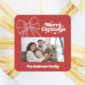 メリークリスマスの赤い弓の白い写真 スクエアシール