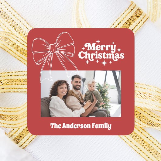 メリークリスマスの赤い弓の白い写真 スクエアシール