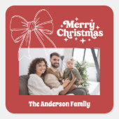 メリークリスマスの赤い弓の白い写真 スクエアシール (正面)