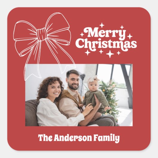 メリークリスマスの赤い弓の白い写真 スクエアシール (正面)