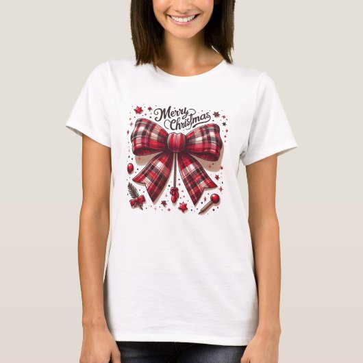 メリークリスマスの赤い格子状の髪の毛 Tシャツ (正面)