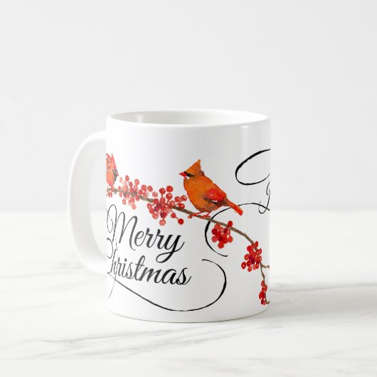 メリークリスマスの赤い（鳥）ショウジョウコウカンチョウのモノグラムのな休日 コーヒーマグカップ (正面左)